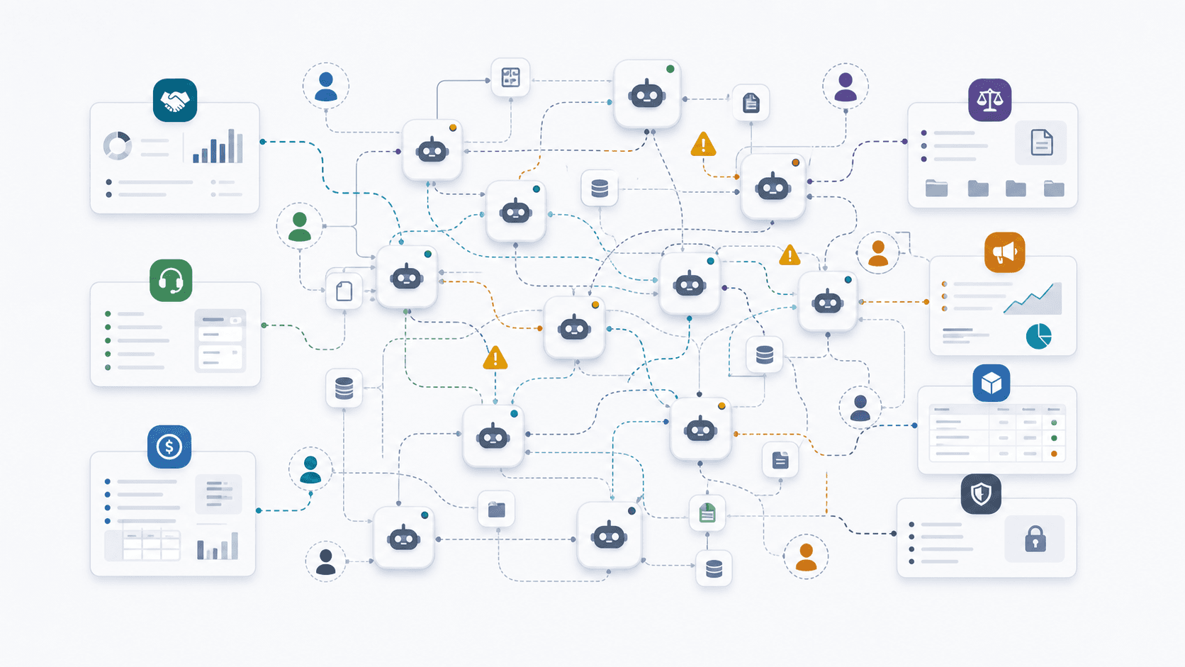 Many AI agents scattered across enterprise systems with overlapping permissions, fragmented ownership, and operational risk signals.