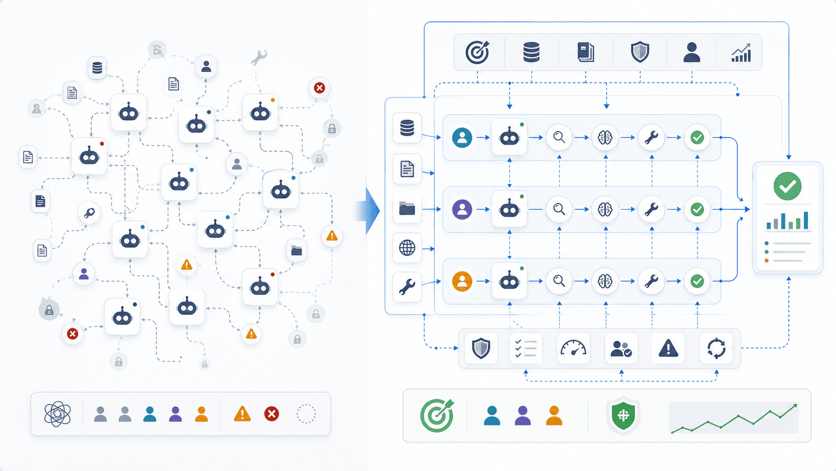 A contrast between scattered unmanaged agent nodes and a smaller governed delegated-work operating model producing reliable outcomes.
