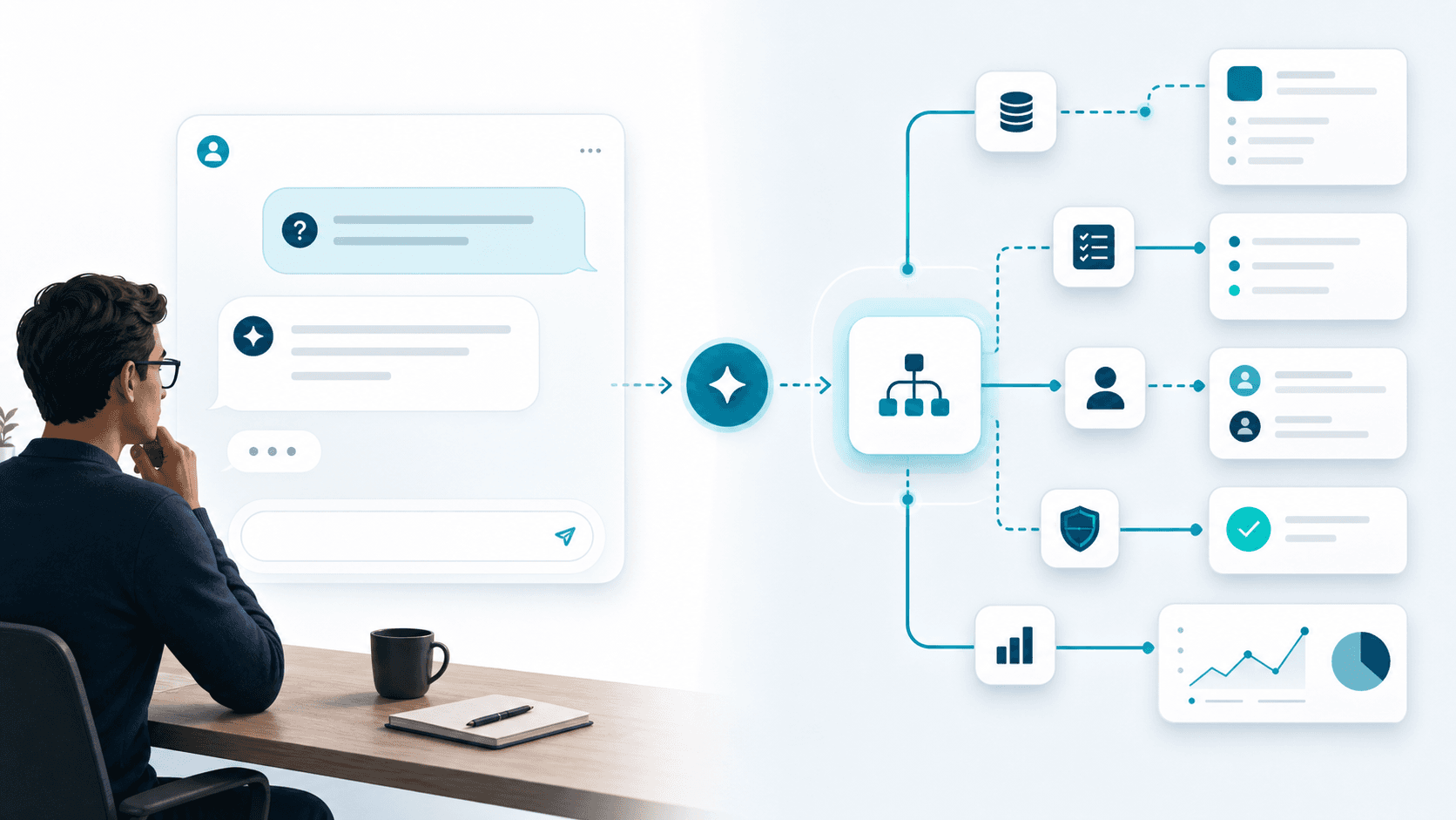 A conversational AI interface expanding into connected business actions, records, tasks, approvals, and system nodes.
