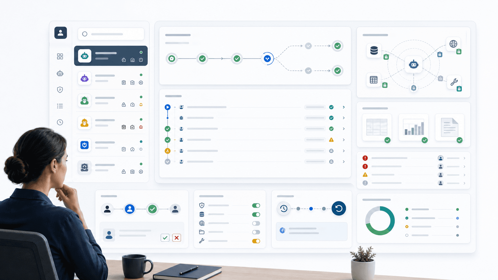A governed AI operations workspace showing agent directories, run timelines, permission scopes, evidence panels, approvals, exceptions, and rollback controls.
