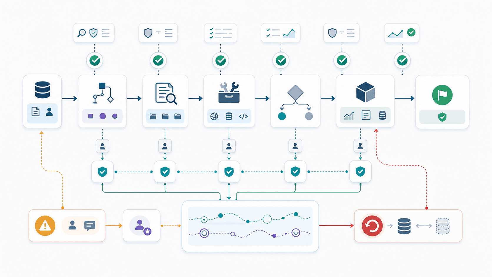 An agentic workflow with evaluation checkpoints embedded across input, planning, evidence, tool use, decisions, outcomes, risk handling, and recovery.
