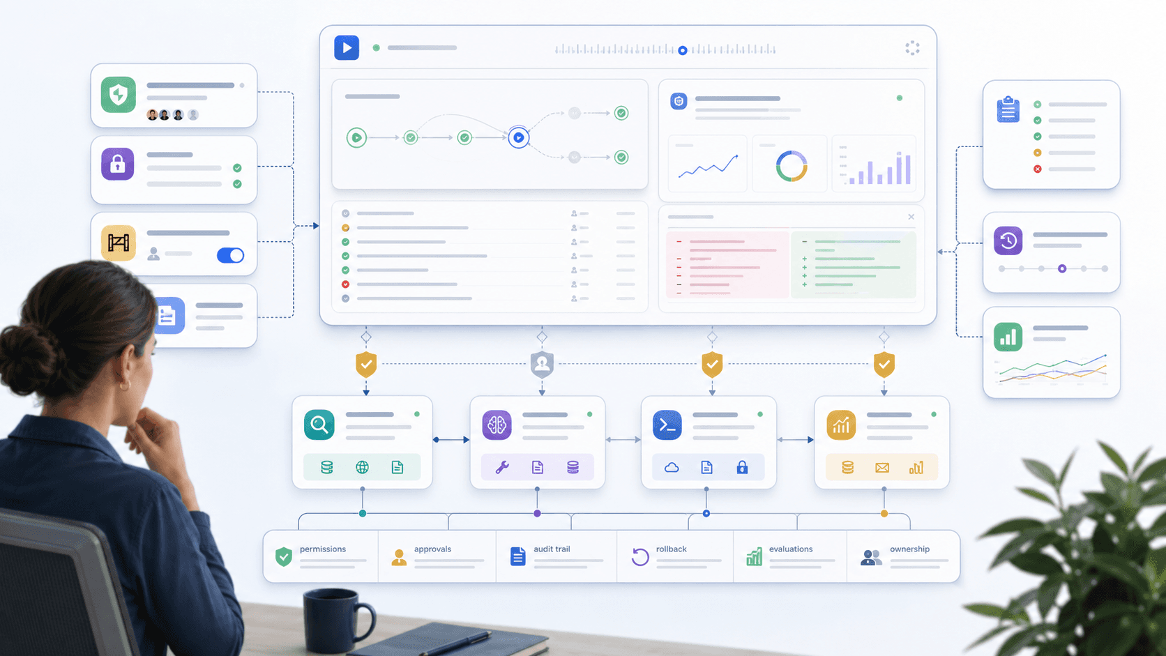 A human operator managing AI agent runs through scoped permissions, approval gates, evaluation signals, audit trails, rollback controls, and ownership markers.