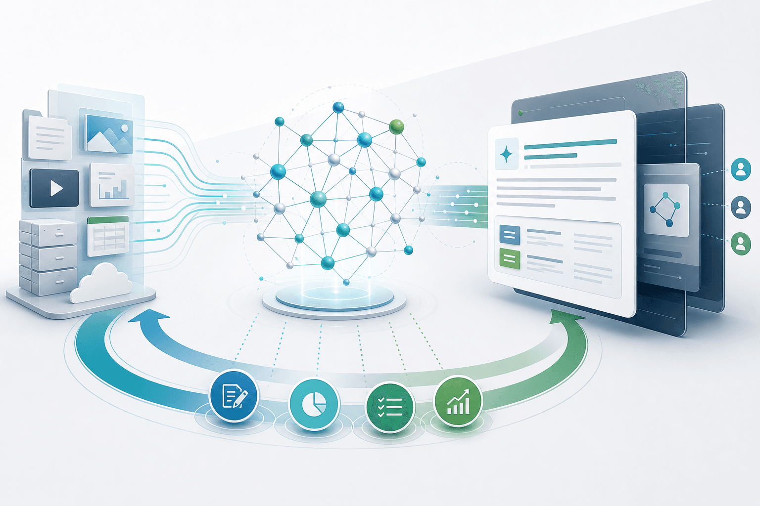 Enterprise content, semantic relationships, AI answer panels, and optimization signals connected in a closed discovery loop.
