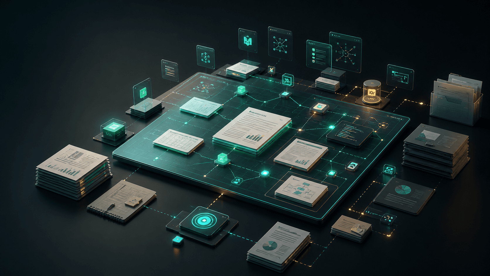A luminous AI workspace where documents, decks, models, and workflow nodes connect into a shared artifact space.