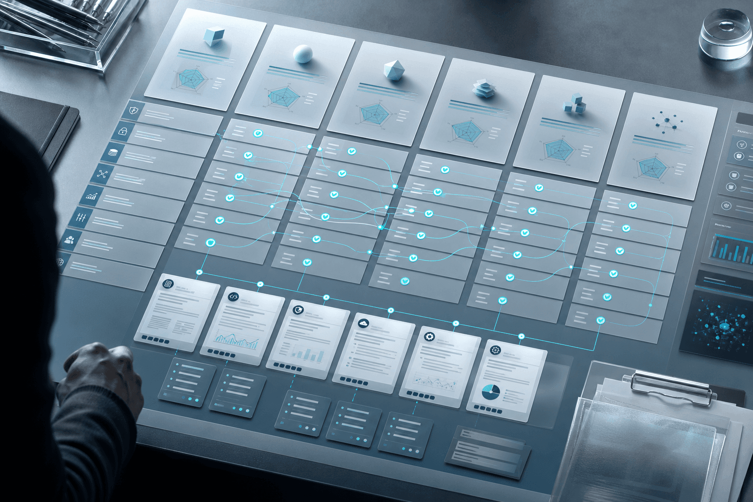 A futuristic B2B buying room where AI evaluates vendors through transparent evidence panels.