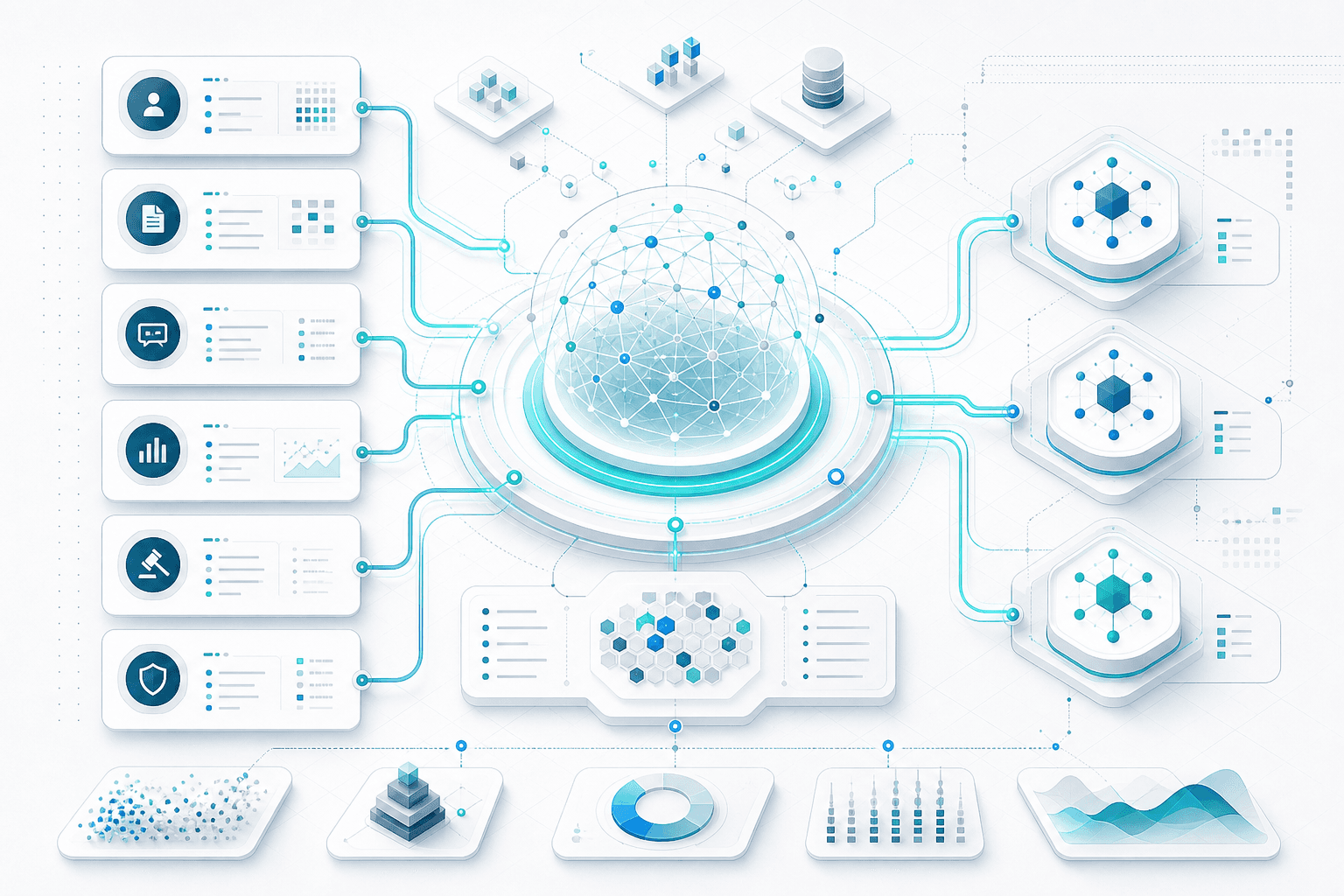 A futuristic company memory graph connecting business context across systems.