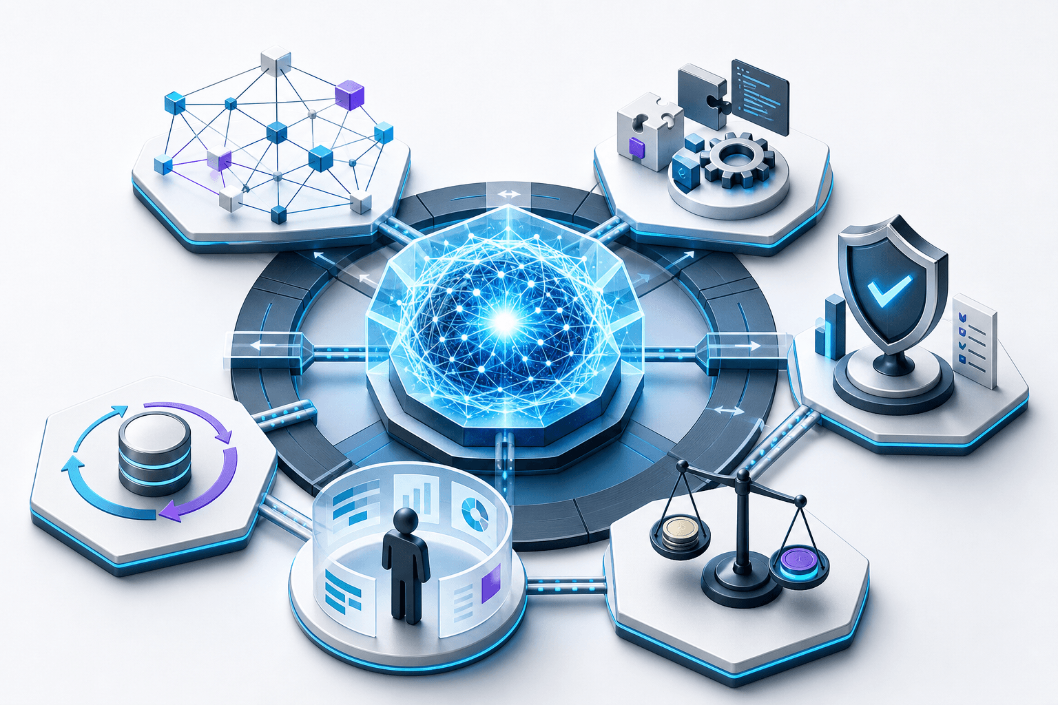 A frontier AI model core stabilized by a business ecosystem of context, tools, governance, economics, human judgment, and learning loops.