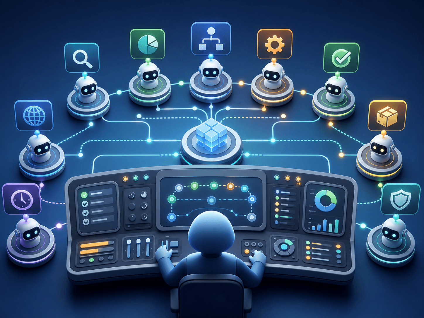 A management console coordinating AI worker nodes through search, planning, execution, approval, delivery, web capabilities, persistent work, tool use, and governance.