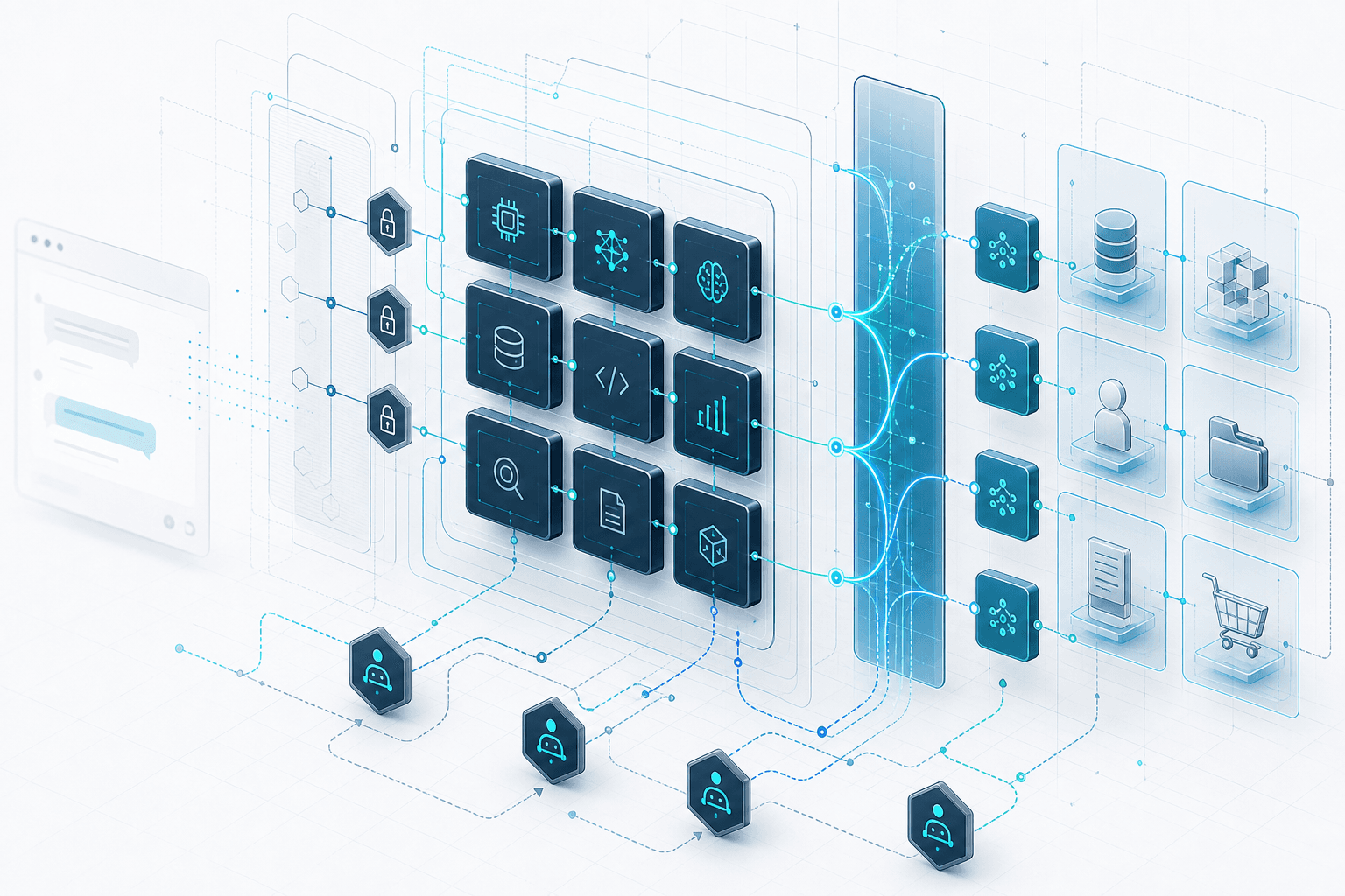 A headless AI architecture map with capability blocks, permissions, events, and governed workflows.