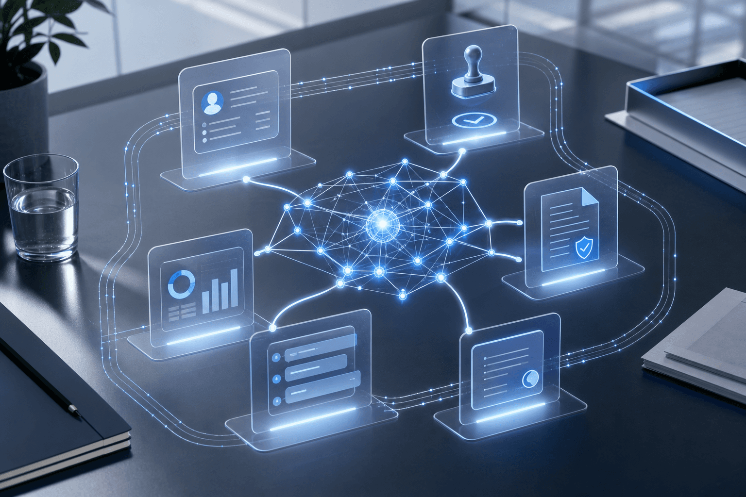 A luminous context graph hovering over business records, approval notes, policies, and workflow rails.