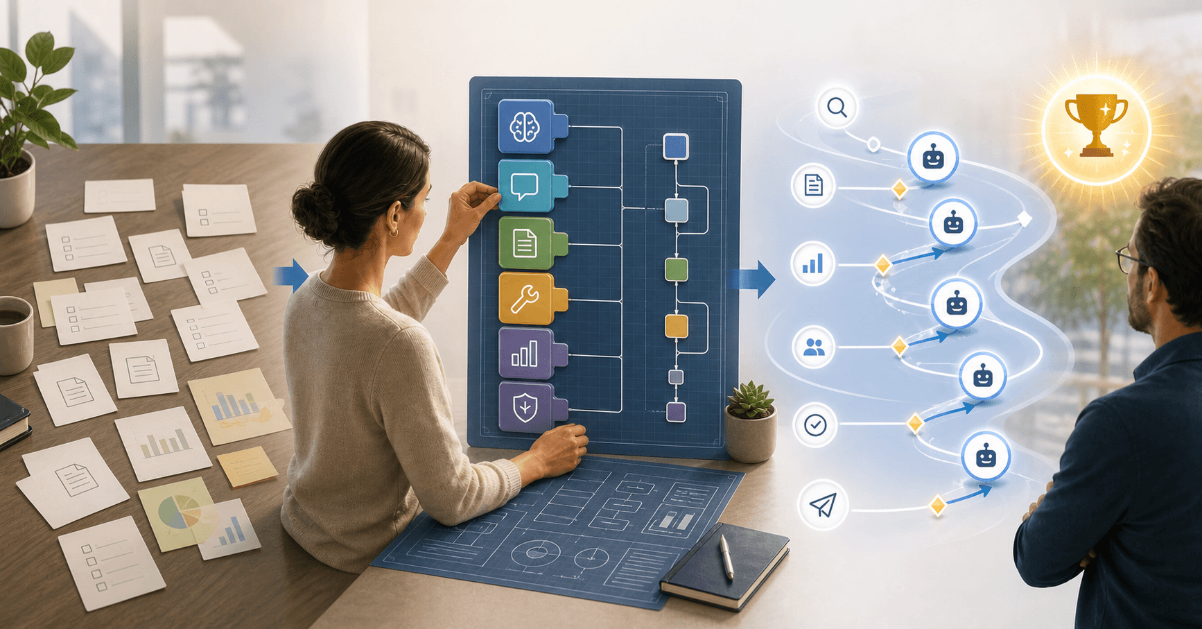 A knowledge worker assembling reusable AI agent building blocks while agent nodes move through an outcome journey.