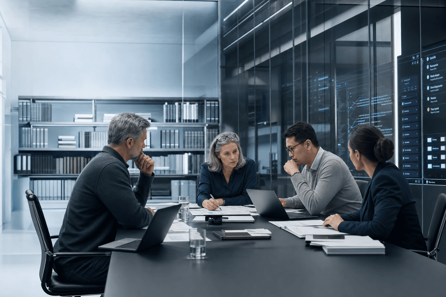 A cool-toned technical practice room where senior software practitioners review agent-delivered work.